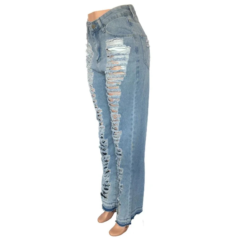 Fashion Ripped Jeans Summer Clothes Women 2024 High Waist Broken Holes Denim Trousers Streetwear Cutout Straight Leg Jean Pants