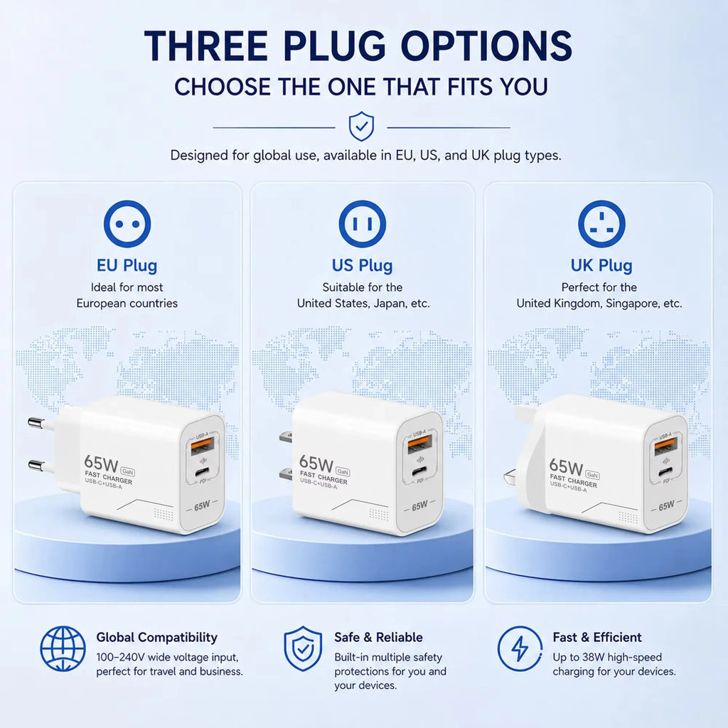 USB PD65W GaN Charger 2-Port Fast Charging Charger Type C High Speed Charge Mobile Phone Wall Adapter For Phone EU/US Charger