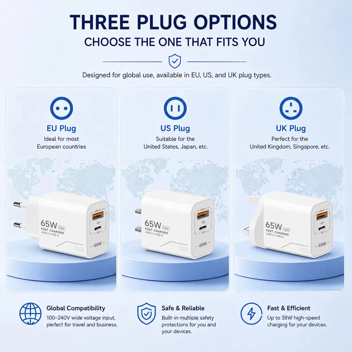 USB PD65W GaN Charger 2-Port Fast Charging Charger Type C High Speed Charge Mobile Phone Wall Adapter For Phone EU/US Charger