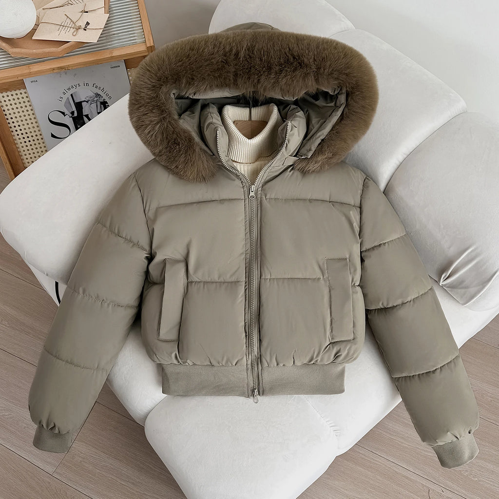 Women's Short Thickened Winter Cotton Jacket Quilted Coat Fur Collar American Retro Style Warm Casual Fashion Regular Fit