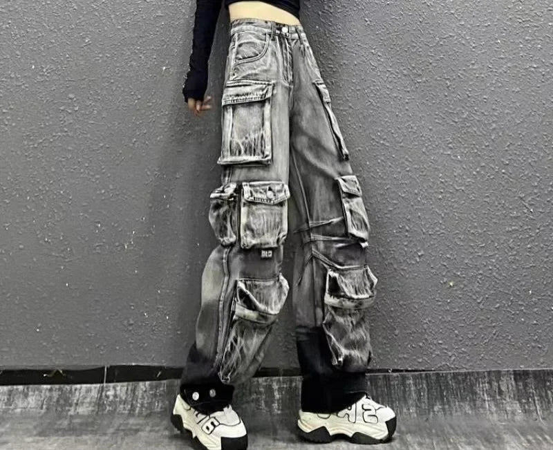 Jeans Women Denim Distressed Multi Pocket Y2k Streetwear Cargo Pants Casual High Waist Zipper Fly Winter Gradient Mom Jeans