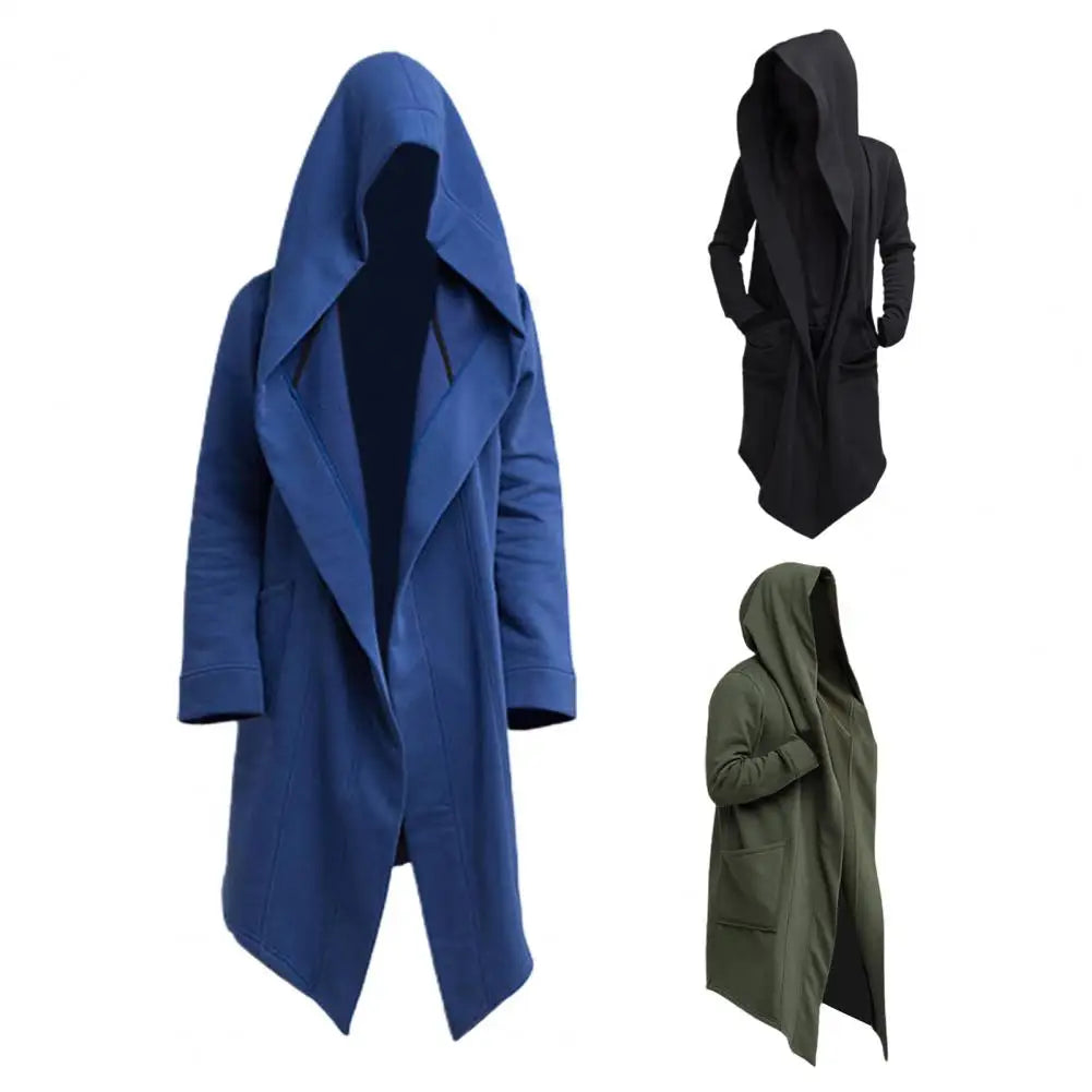 Oversize Men Coat Long Turn-down Collar Big Hat Cardigan Trench Coat Hooded Oblique Hem Big Pockets Men Windbreaker Outwear
