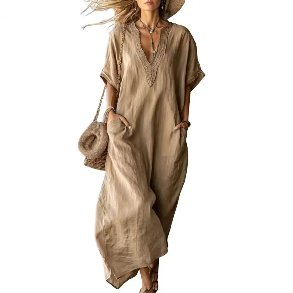 Women Dresses 2026 Casual Solid Color Short-sleeved V-neck Long Dresses Women's Clothing Vestidoes Sundress With Pockets