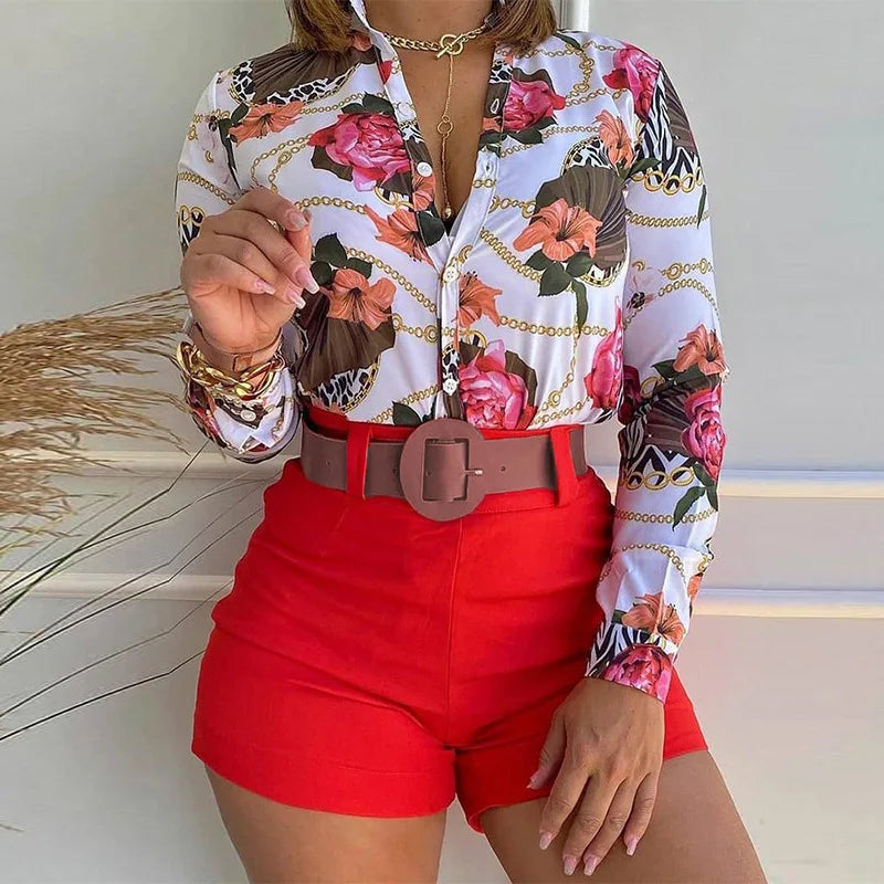 Women's Shorts Suit Summer Fashion Sexy V Neck Long Sleeve Shirts Slim Wear A Belt Elegant Female Blouse Office Two Piece Set