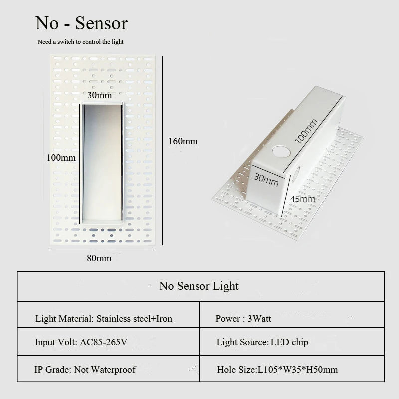 Embedded Frameless LED Step&Stair Wall Lamps 3W Motion Sensor Indoor Bedroom Ladder Foyer Corner Intelligent NightLight 100-240V