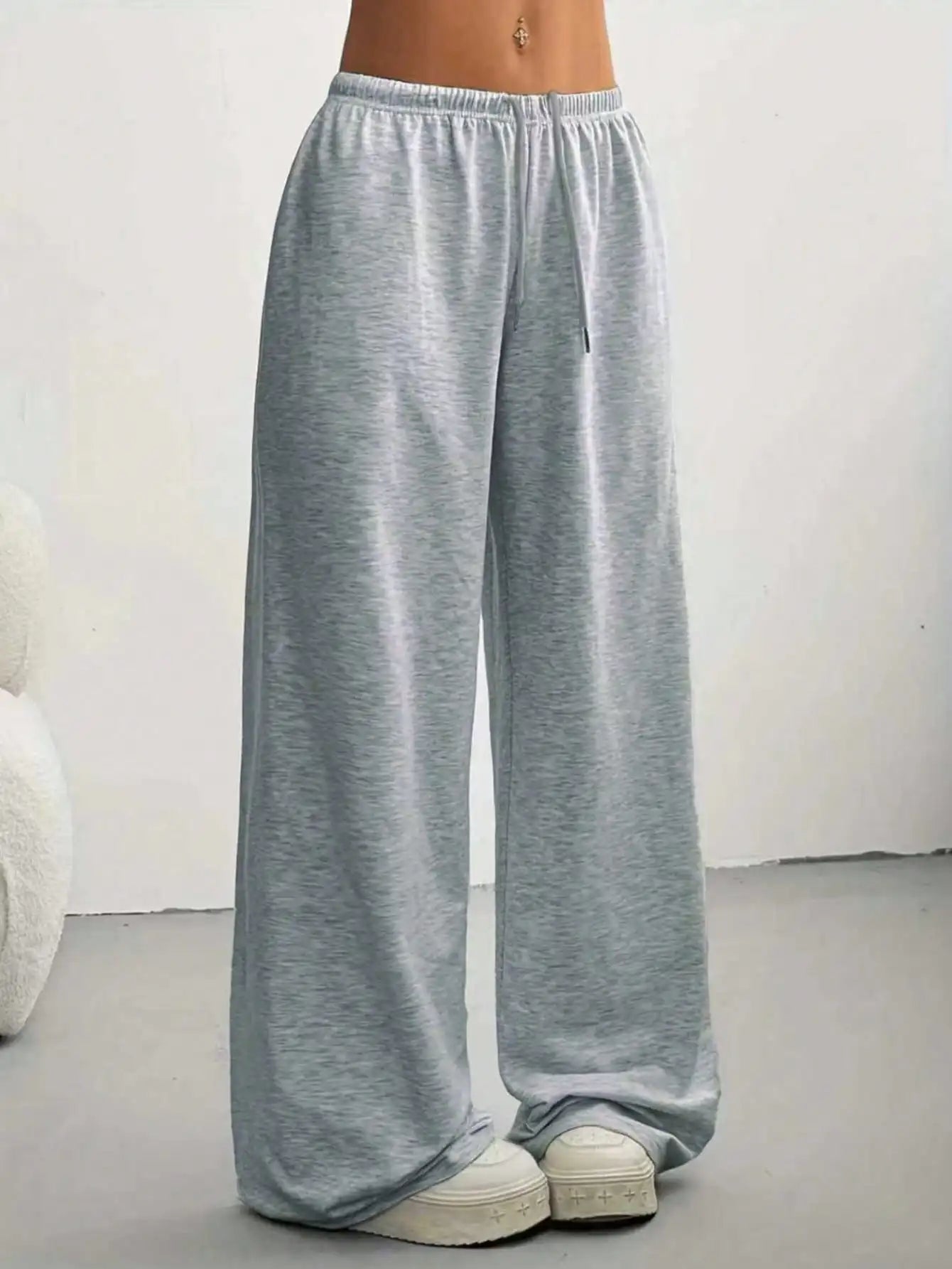 2026 Women's Casual Four Seasons - Comfortable Loose Solid Color Drawstring Elastic Belt Wide Leg Running Pants