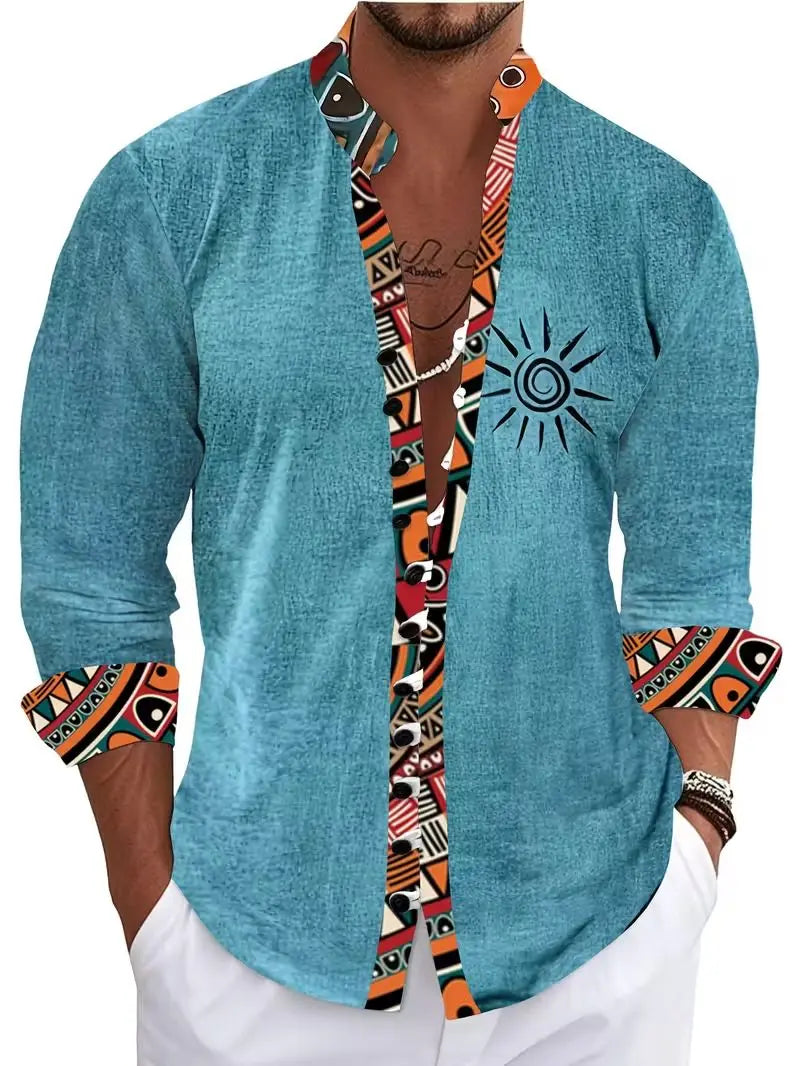 Men's Ethnic Embroidery Long Sleeved Shirt with Red and Black Floral Pattern, Comfortable and Fashionable Linen Long Shirt