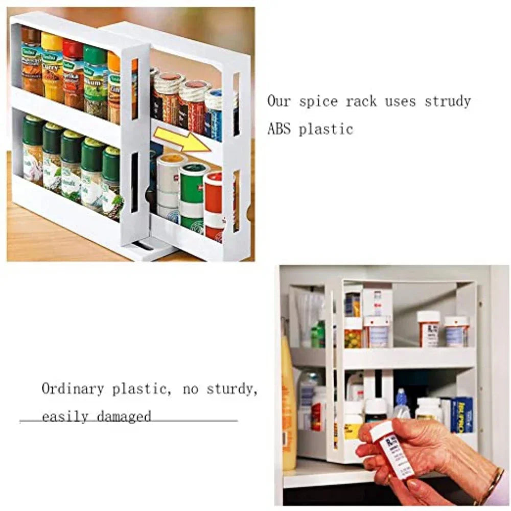 2-Tier Rotating Spice Organizer Rack - Slide Out Storage Shelf for Kitchen Cabinet, Cupboard and Countertop Multi-Function Use