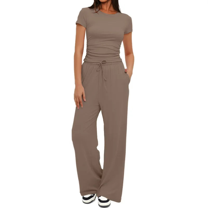 Women's Summer Solid Loose Casual Tracksuit Two Piece Set O Neck Short Sleeve T Shirt Wide Leg Pants Sportswear