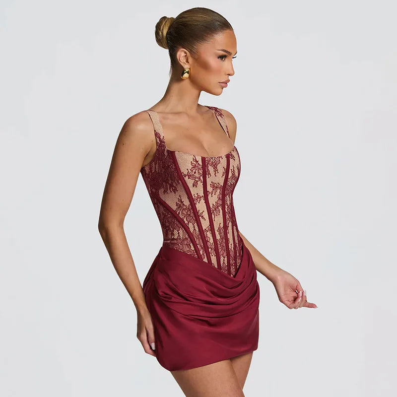 Spring/Summer 20626 New Style Square Collar Lace Printed Line Stacked Fold Splicing Dress