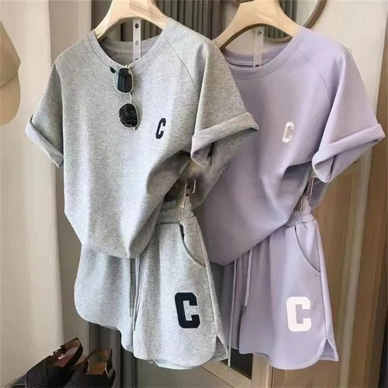  2 Piece Set Women Summer Loose Short Sleeve T-Shirt Casual Shorts Sports Print Letter Casual Suit Large Size Short Pajamas