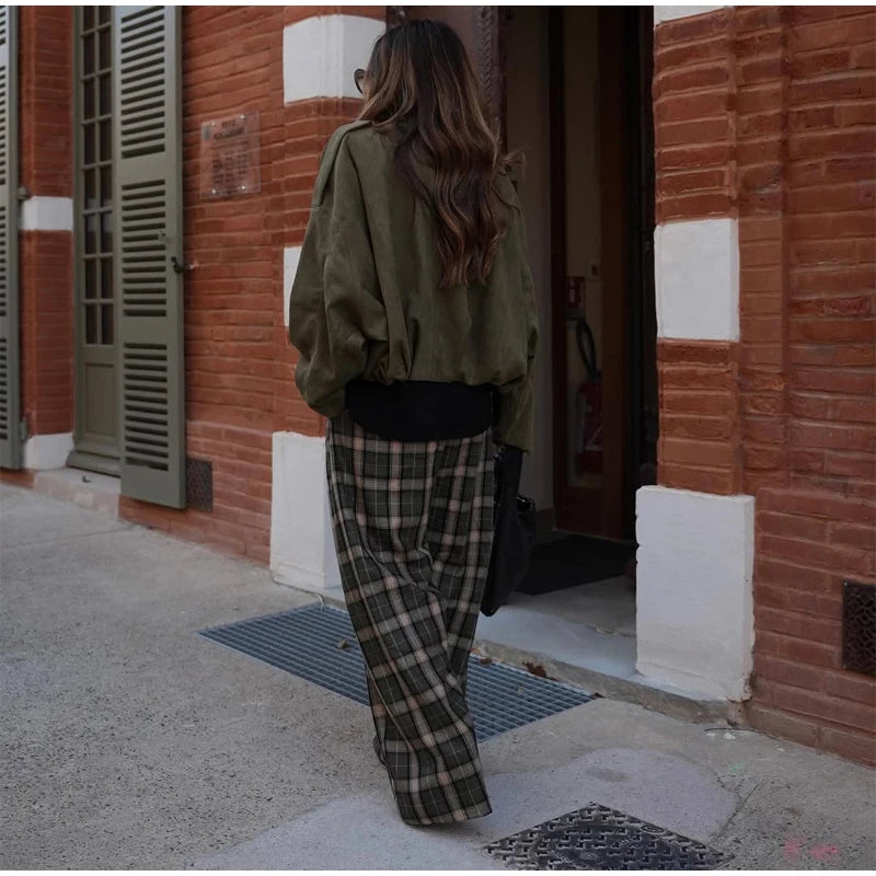 Chic Green Plaid Print Loose Pants Women Casual High Waist Straight Wide Leg Trousers Party Daily Classic Attire 2026 Spring