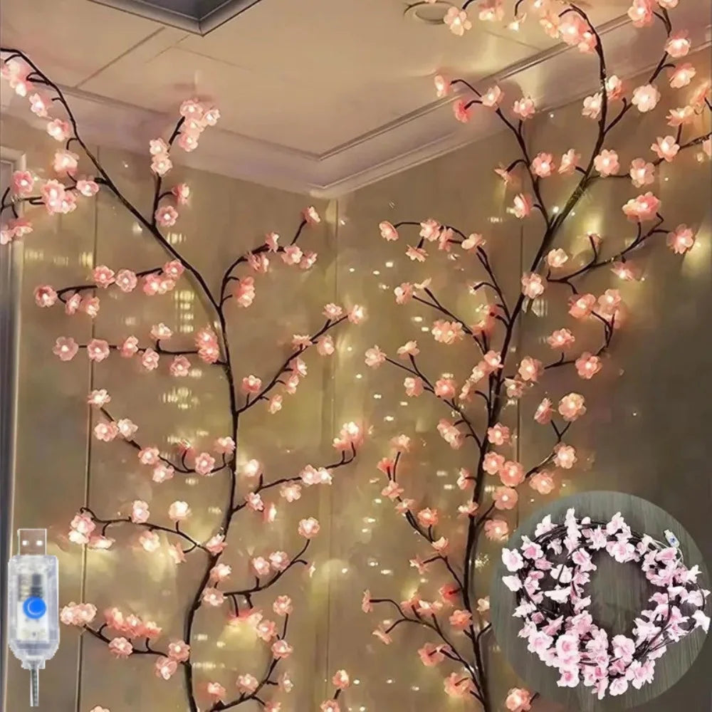 72/96/144 LED Cherry Blossom Branch Lights USB Pink Flower Fairy Lights Indoor Bedroom Wedding Garden Aesthetic Decor String