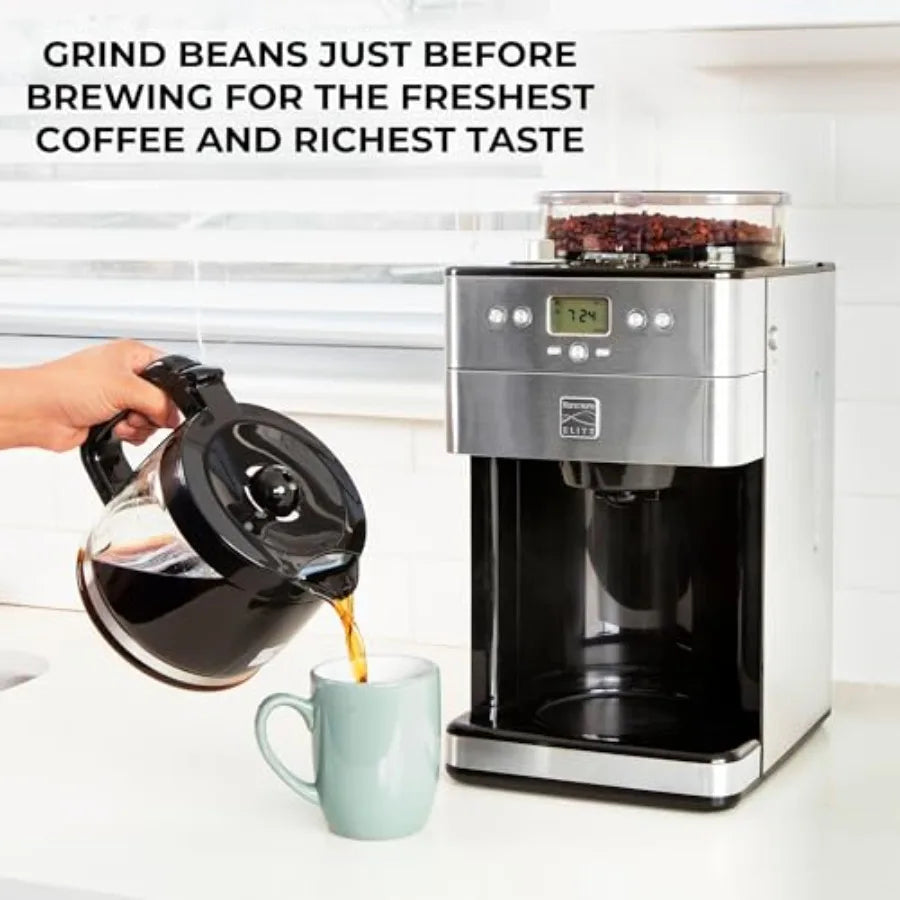 Kenmore Elite Grind and Brew Coffee Maker - Built-In Grinder Automatic Drip Coffee Machine 12 Cup Programmable Brewer Bean Grin