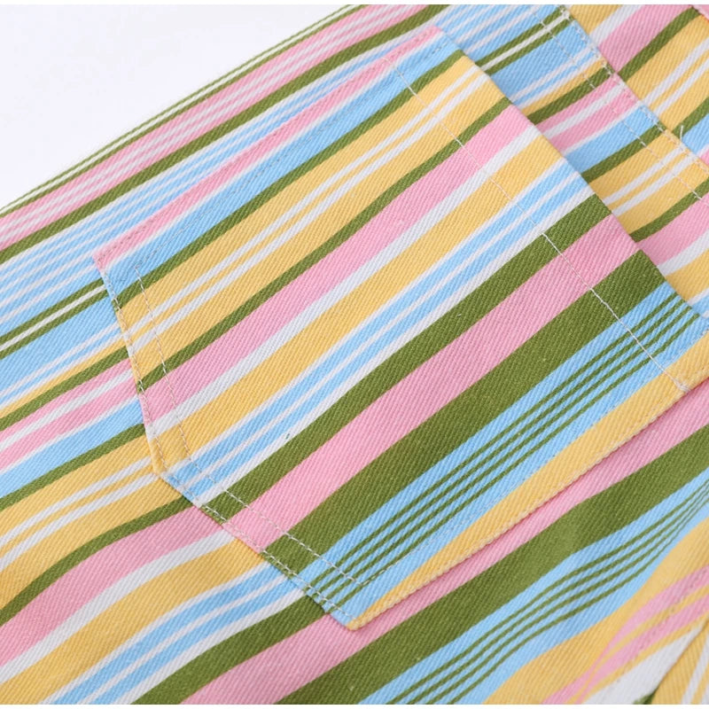 Street Fashion Stripe Women's Pants Zipper Button Pocket Wide Leg Multicolor Vertical Pants 2026 Spring Summer Lady Trousers