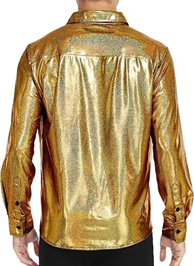 Metallic Shiny Polyester Dress Shirts for Men Black Solid Gold Red Silver Long Sleeve Turn Down Collar Prom Disco Men's Shirt