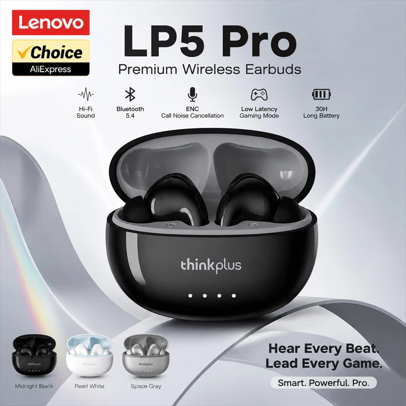 Lenovo LP5 Pro Wireless Bluetooth 5.4 Earphones TWS HiFi Sound Headphones Earbuds Gaming Sports Headset Touch Control With Mic