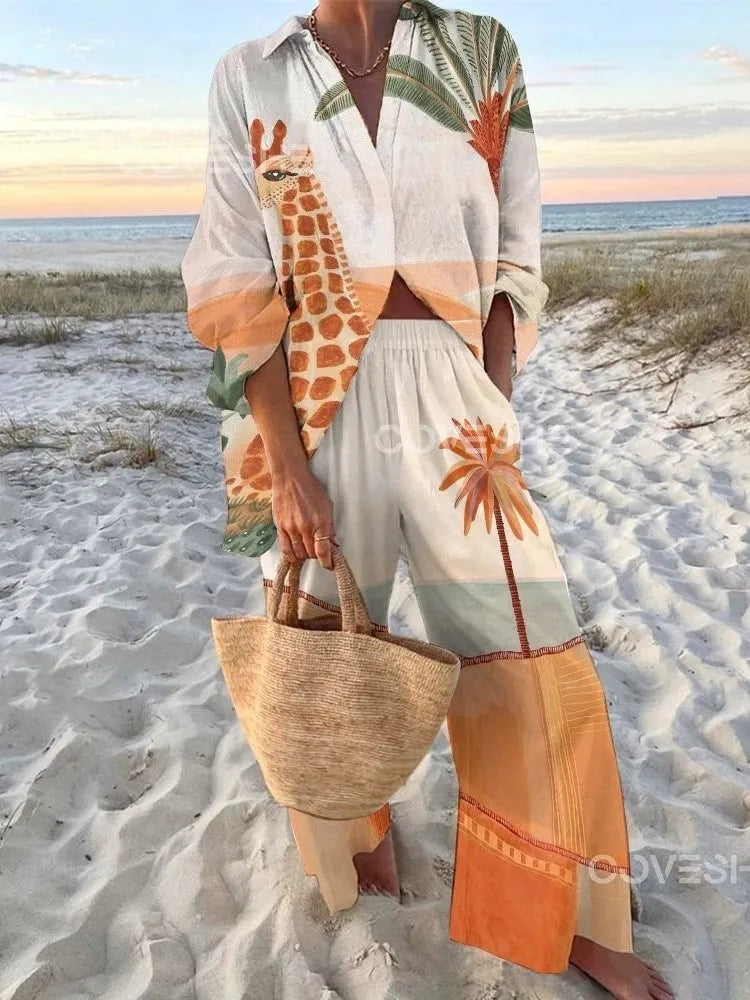 Women's Autumn Holiday Sets Outfits Fashion Print Long Sleeve Shirt Top+Wide Leg Pants 2 Pieces Set For Woman Boho Clothes New