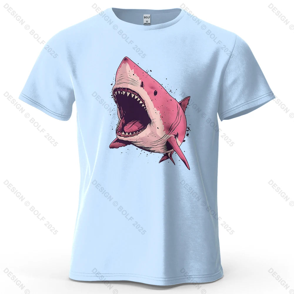 Pink Shark Cartoon Image Printed Men's T-Shirt 100% Cotton Oversized Marine Life Graphic Tees for Women Tops Tees Streetwear