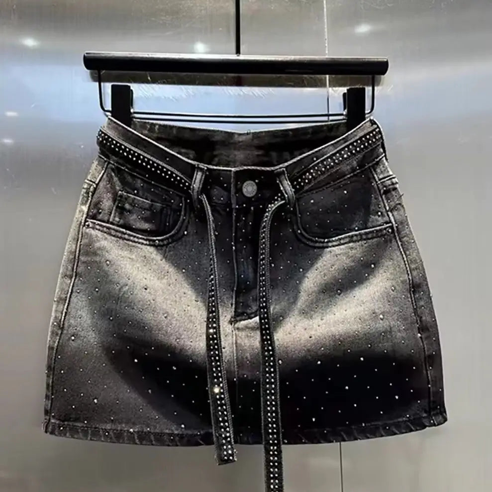 Oversize Retro Diamond Denim Mini Skirt for Women Summer High Waist Shiny Rivet Slim Skirts Gradient Black Grey Jean Skirts