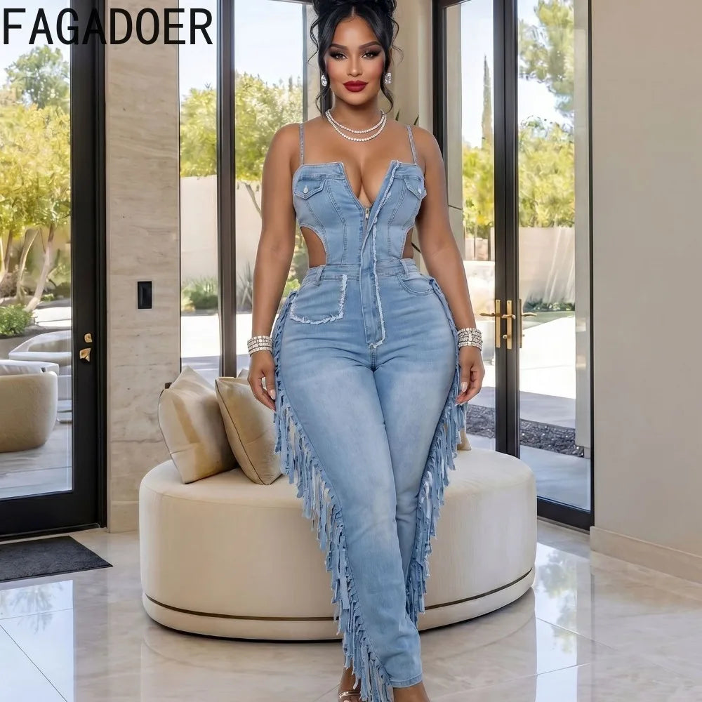 FAGADOER Fashion Fringed Bodycon Denim Jumpsuits Women Sexy Spaghetti Strap Hollow Out Zipper Pocket Patchwork Romper Streetwear