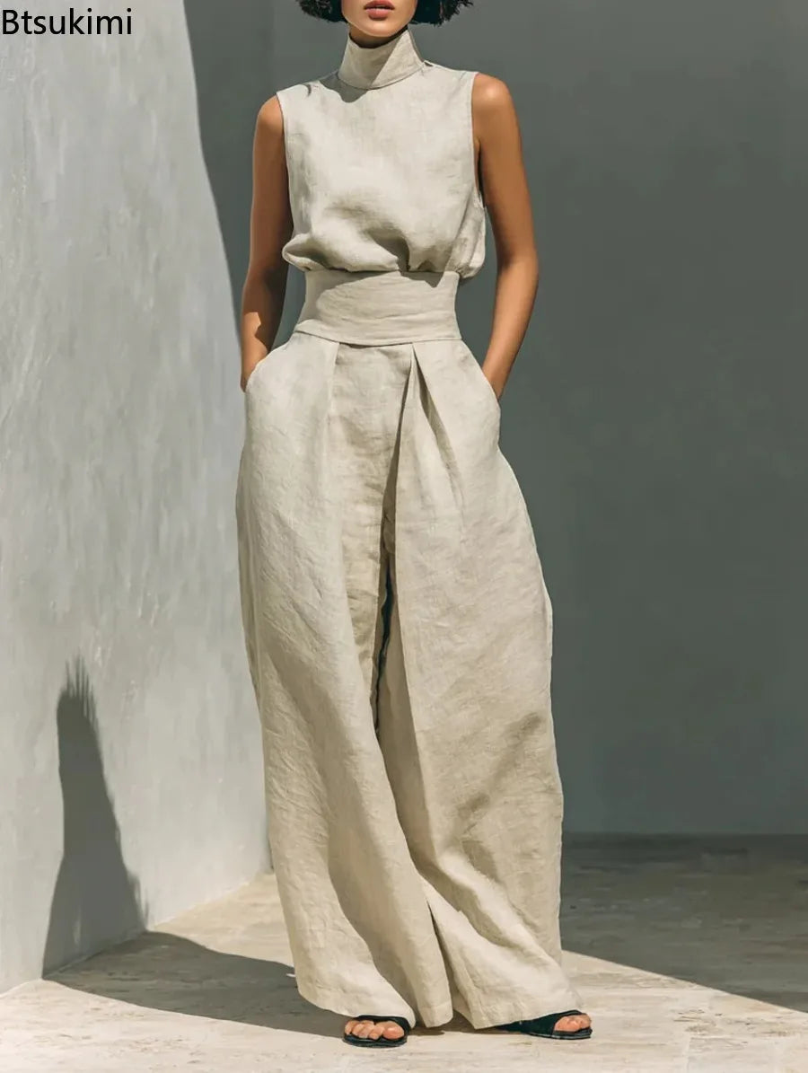New Women's Solid Color 2 Piece Sets Sleeveless High Neck Tops+High Waist Wide Leg Pants Casual Minimalist Female Summer Outfits