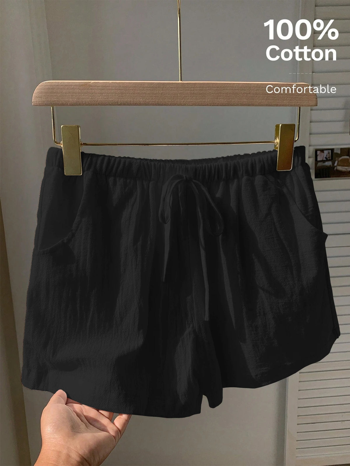Ladies New Spring Summer Linen Solid Color Casual Sports Elastic Waist Drawstring Short Pants