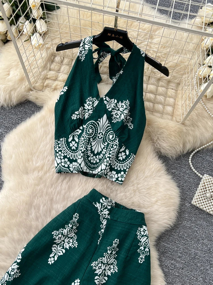 Women's Summer Two Pieces Bohemian Vacation Printed Halter Neck Sleeveless Top High Waist Wide Leg Pants Two-piece Set TP044