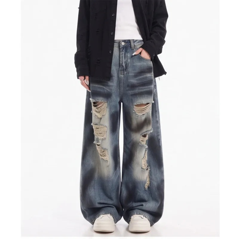 Women Summer Autumn Ripped Wide Leg Floor Length Jeans American Vintage Loose Slim Fit Design Casual Long Denim Trousers