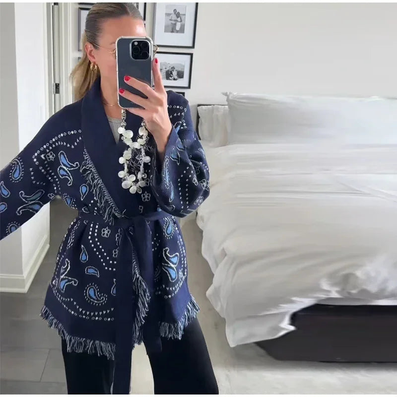 Casual Print Tassel Cardigan Women Elegant Belt V-neck Long Sleeve Knitted Sweaters Female 2026 Autumn Winter Knitwears Lady