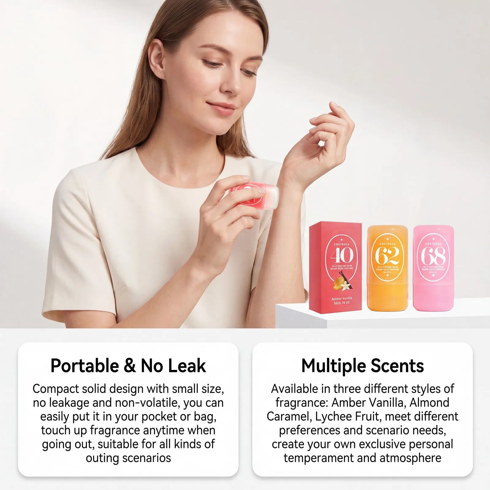 Jelly Perfume Balm 3 Scents 40 Amber Vanilla 62 Almond Caramel 68 Lychee Fruity Long Lasting Portable Travel Solid Perfume