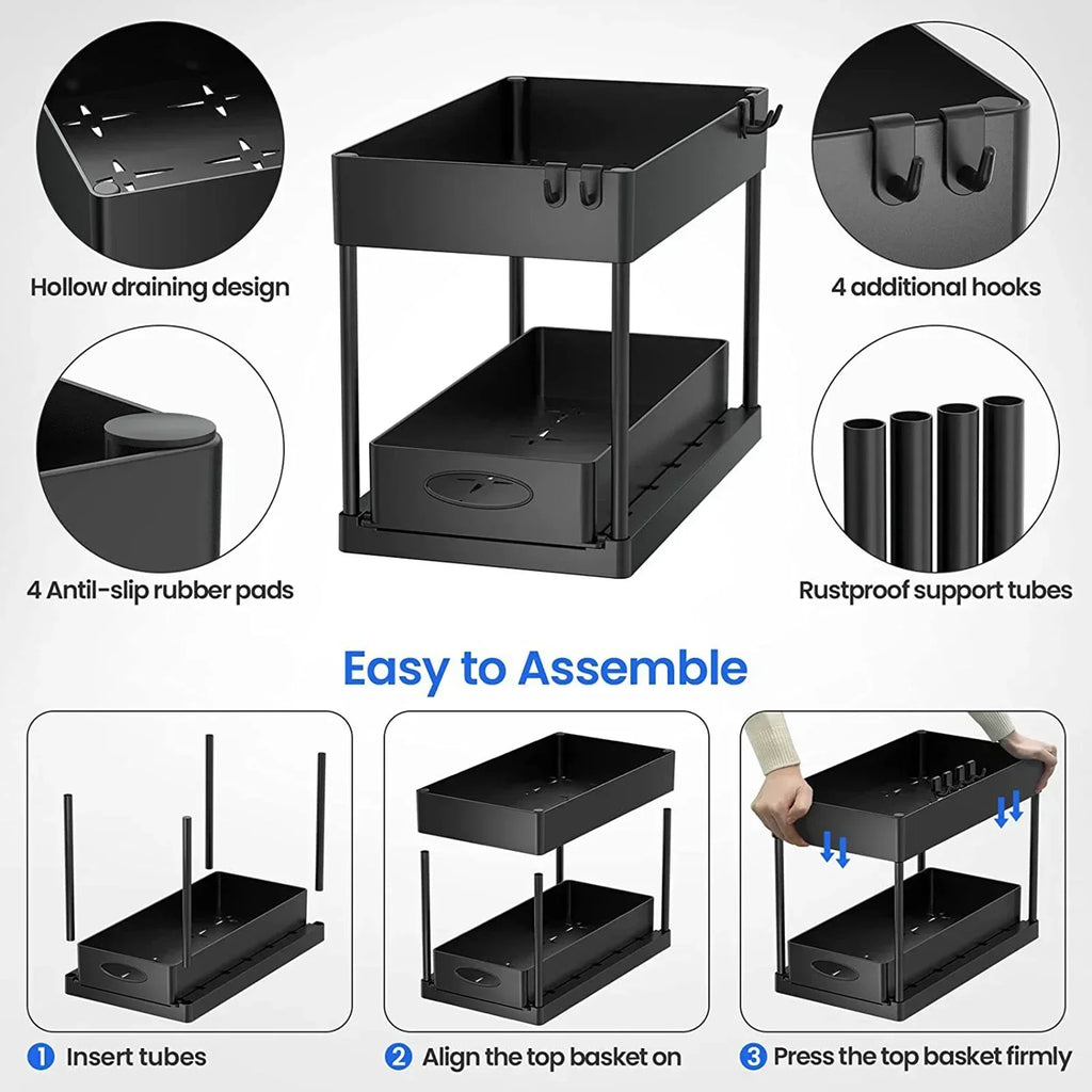 Kitchen Bathroom Under Sink Organizer 2-Tier Sliding Storage Basket Multipurpose Shelf with Hanging Cup and Hook Accessories