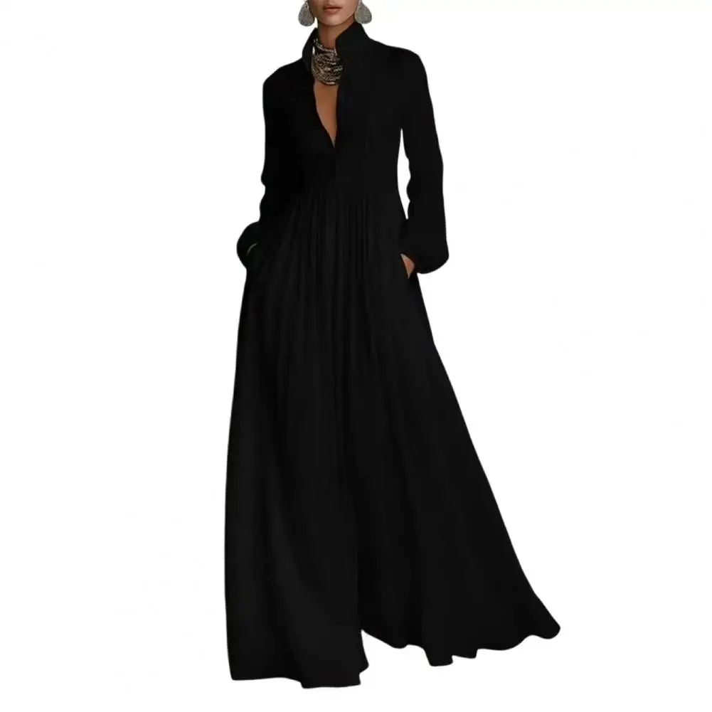 French Elegant High Waist Swing Long Dress Woman Spring Solid Pockets Pleated Maxi Dress Autumn Long Sleeve Button Evening Dress