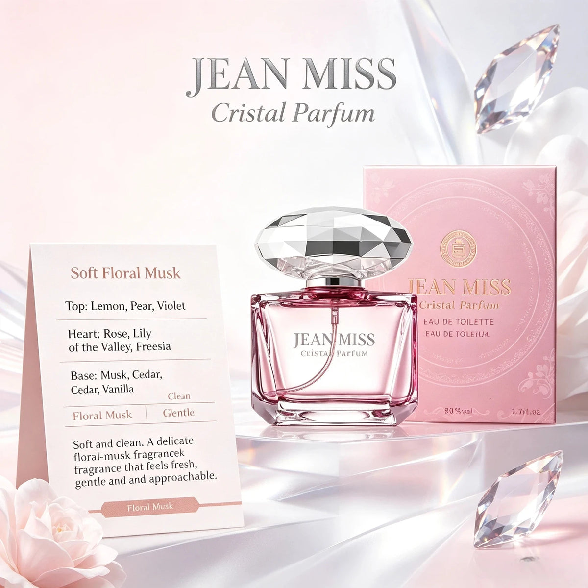 Luxury JEAN MISS Perfume for Women, Elegant Teardrop Bottle with Crystal Diamond Cap, Romantic Floral Long Lasting Eau de Parfum