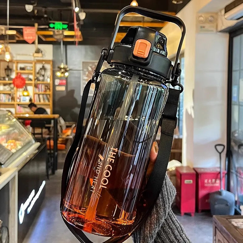 1.5/2 Liter Water Bottle Portable Plastic Sports Bottle With Straw Strap Large Tumbler Gym Travel Juice Drinking Bottle BPA Free
