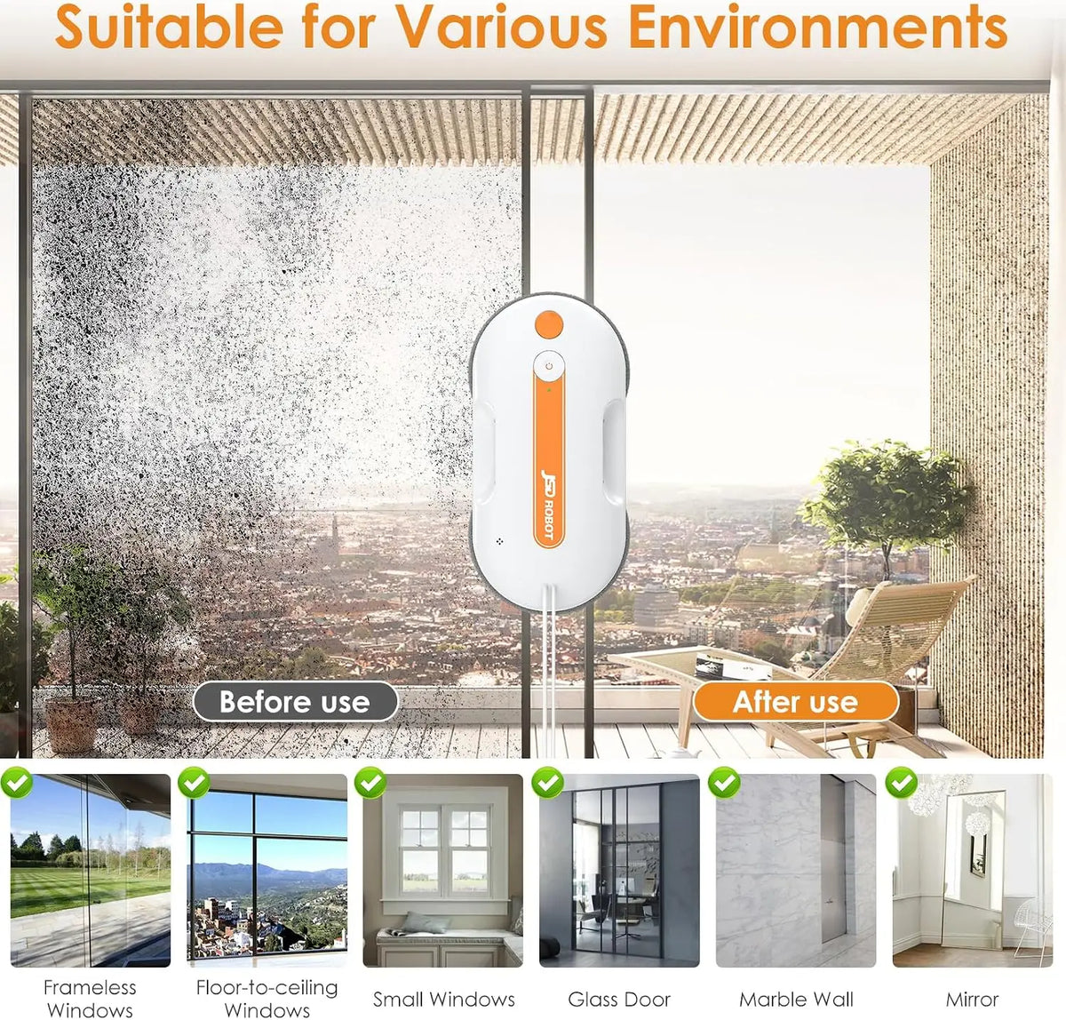 Lite Window Cleaning Robot,5300Pa Window Cleaner Robot with Pressured Wiping Dual Water Spray Close to the Border Wipe Edge