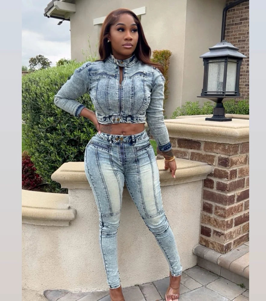 Sexy Denim Women Sets Vintage Wash Stretch Moto Jacket and Skinny Jeans Suit 2025 Fall Streetwear 2 Two Piece Set Outfits