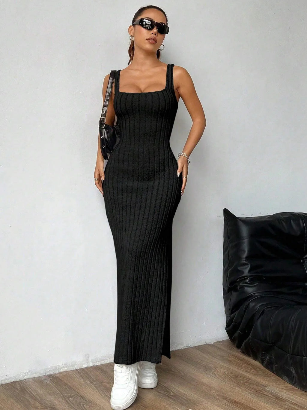 Y2K Street Style Sleeveless Square Neck Ribbed Maxi Dress Thin Strap High Side Slit Bodycon Long Skirt