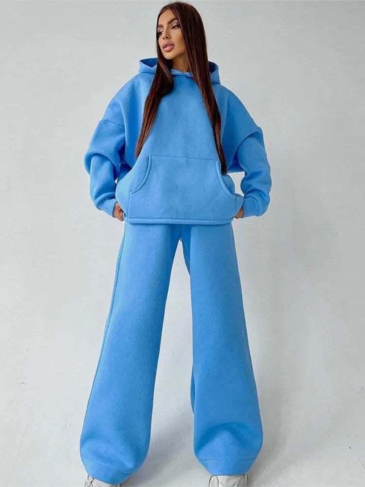 Woman's Solid Color Hooded Sweatshirt Pant Two-piece Set Fashion Long Sleeves Pocket Pullovers Pants Suits Ladies Loose Outfit
