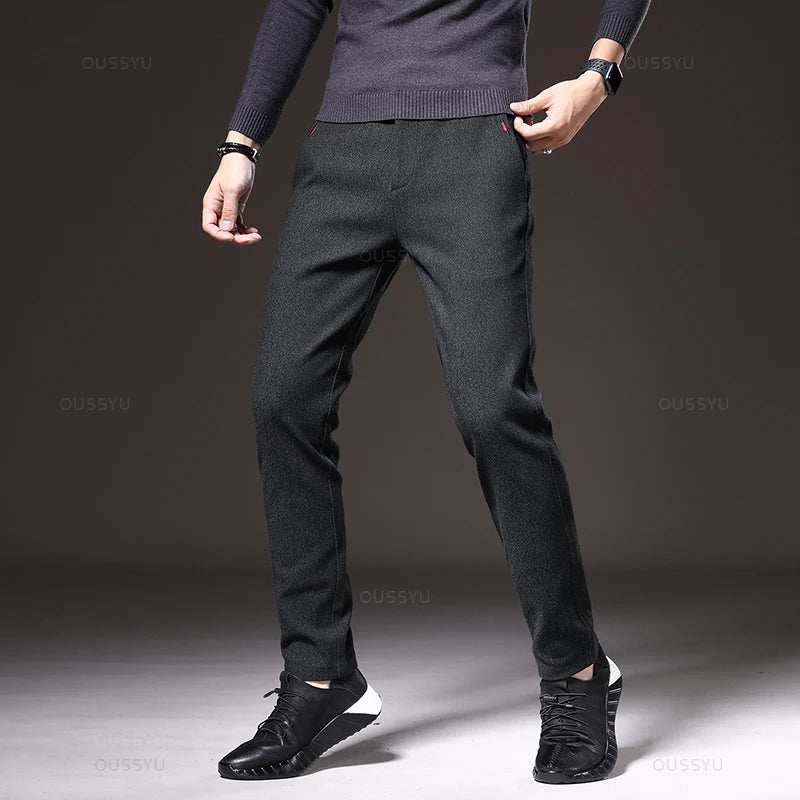 Autumn  Winter New Classic Casual Pants Men Thick Business Korea Slim Fit Stretch Gray Blue Black Brushed Fabric Trousers Male