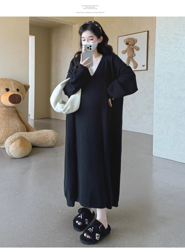 Maternity Suit  Autumn High-End Lazy Style Versatile Long Coat And Lace Paneled V Neck Straight Tank Dress Two Piece Set
