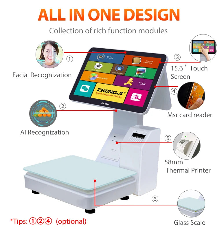 15.6 Inch   Touch Screen POS System All-in-One Fruit Shop Store Hotel Market AI Recognition  Label Scale