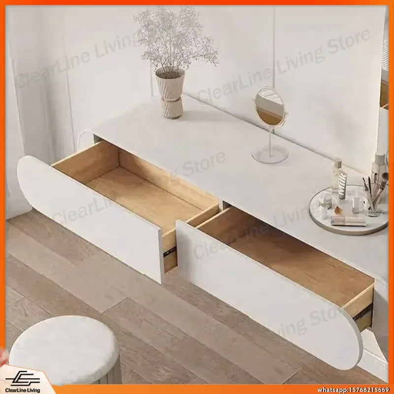 Cream Minimalist Wall Mounted Dressing Table with Mirror Suspended Vanity Desk for Bedroom Small Space Modern Makeup Table