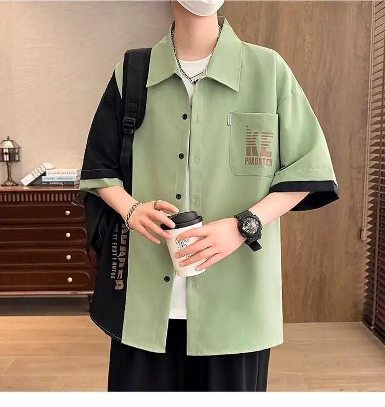 New Shirts for Men Patchwork Graphic T-shirts Men's Clothing Summer Casual Short Sleeved Daily Street Tops Loose Oversized Shirt
