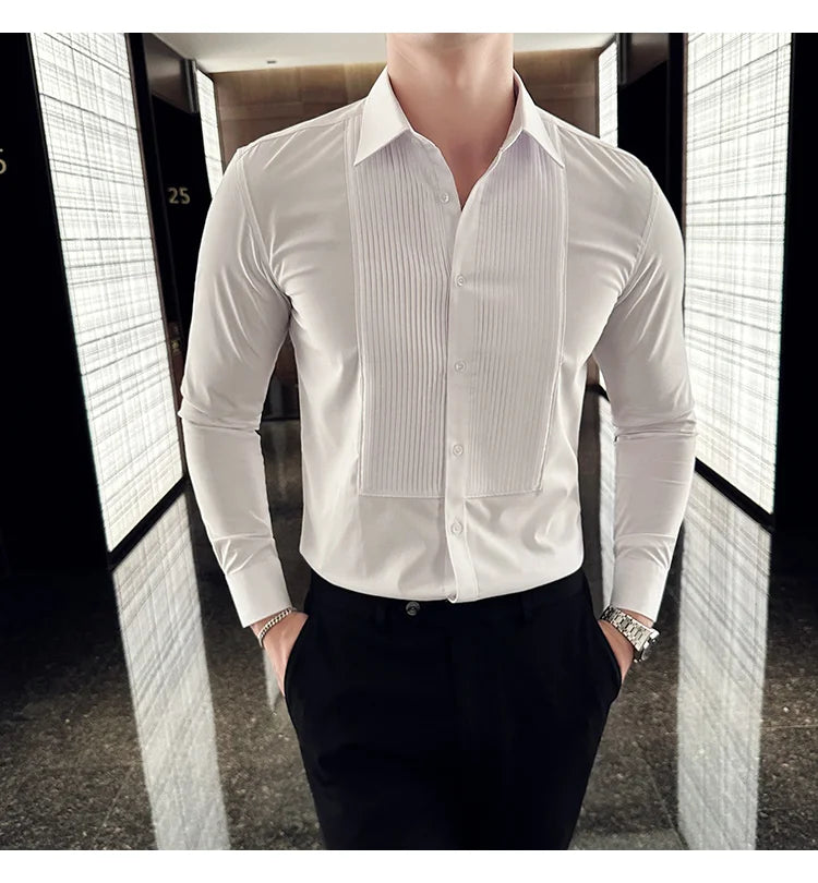 Groom Wedding Party Dress Shirt Men's Fashion Pleated Design Slim Fit Shirt Men Formal Long Sleeved Social Business Tailcoat