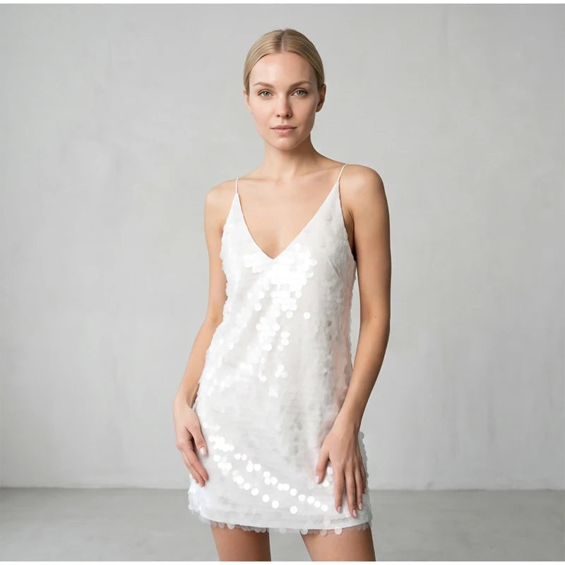 Mint Green Sequin Thin Strap Loose Mini Dress Glam Deep V Neck Sleeveless Bar Party Gown 2026 Nightclub Vacation Street Outfit