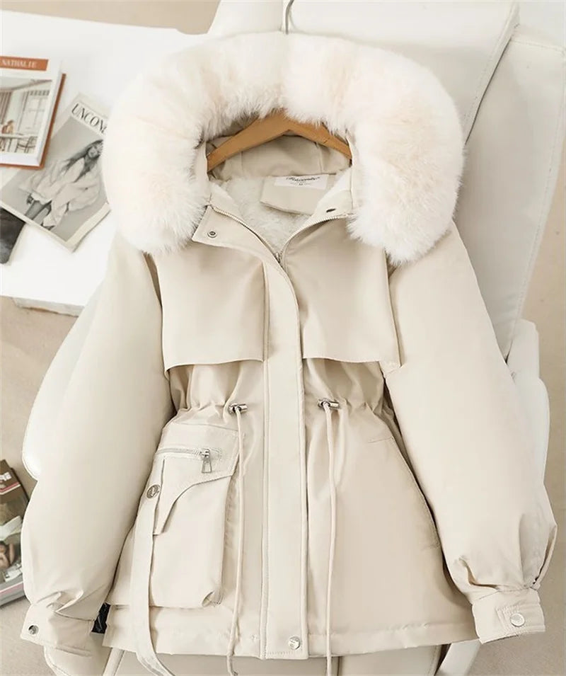 Fleece Lined Hood Down Jacket Winter Coat for Women Warm Drawstring Padded Parkas Korean Casual Streetwear Female Puffer Outwear