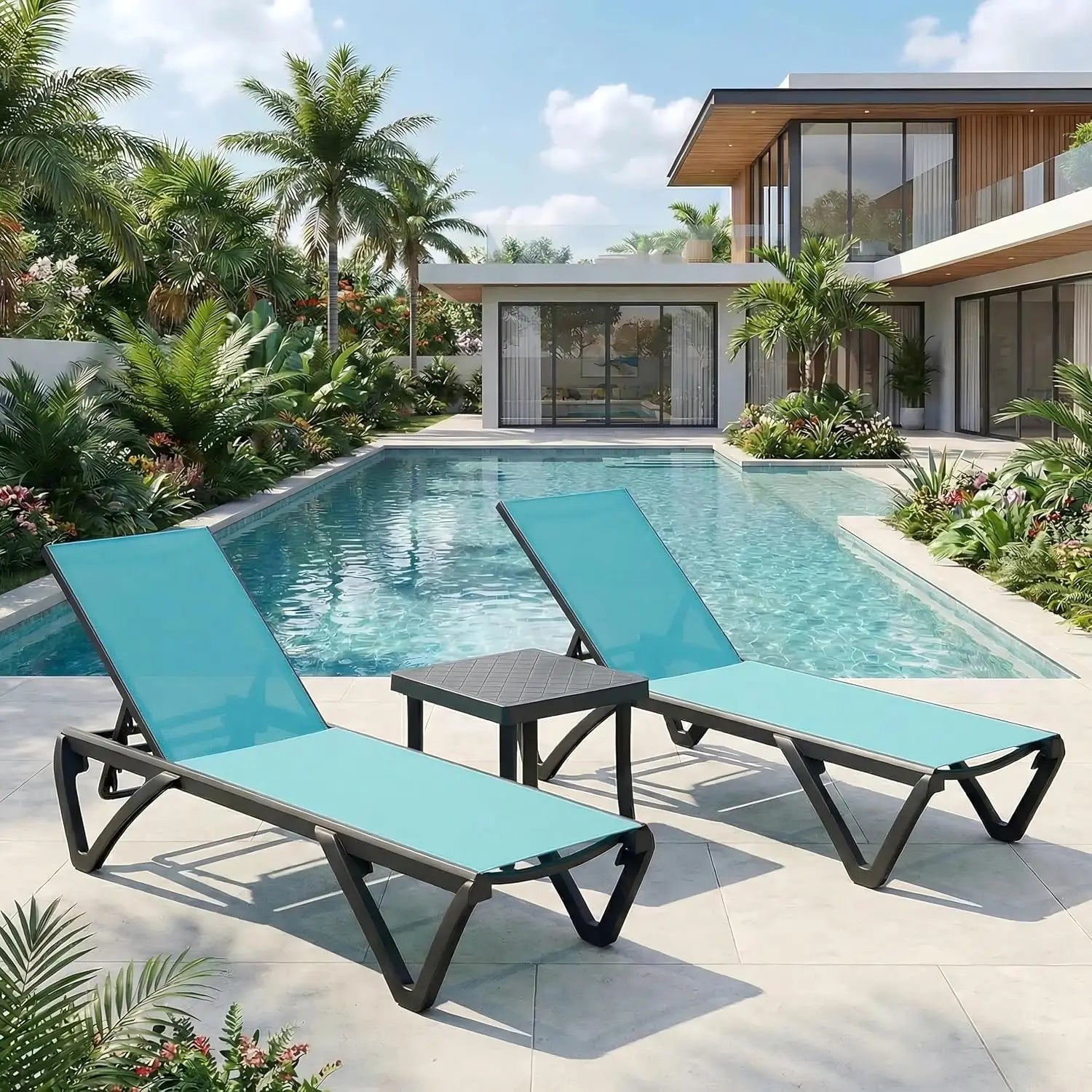 Aluminum Chaise Lounge with Side Table, 5-Position Adjustable Backrest & Wheels, All-Weather Outdoor Patio Furniture, Customized