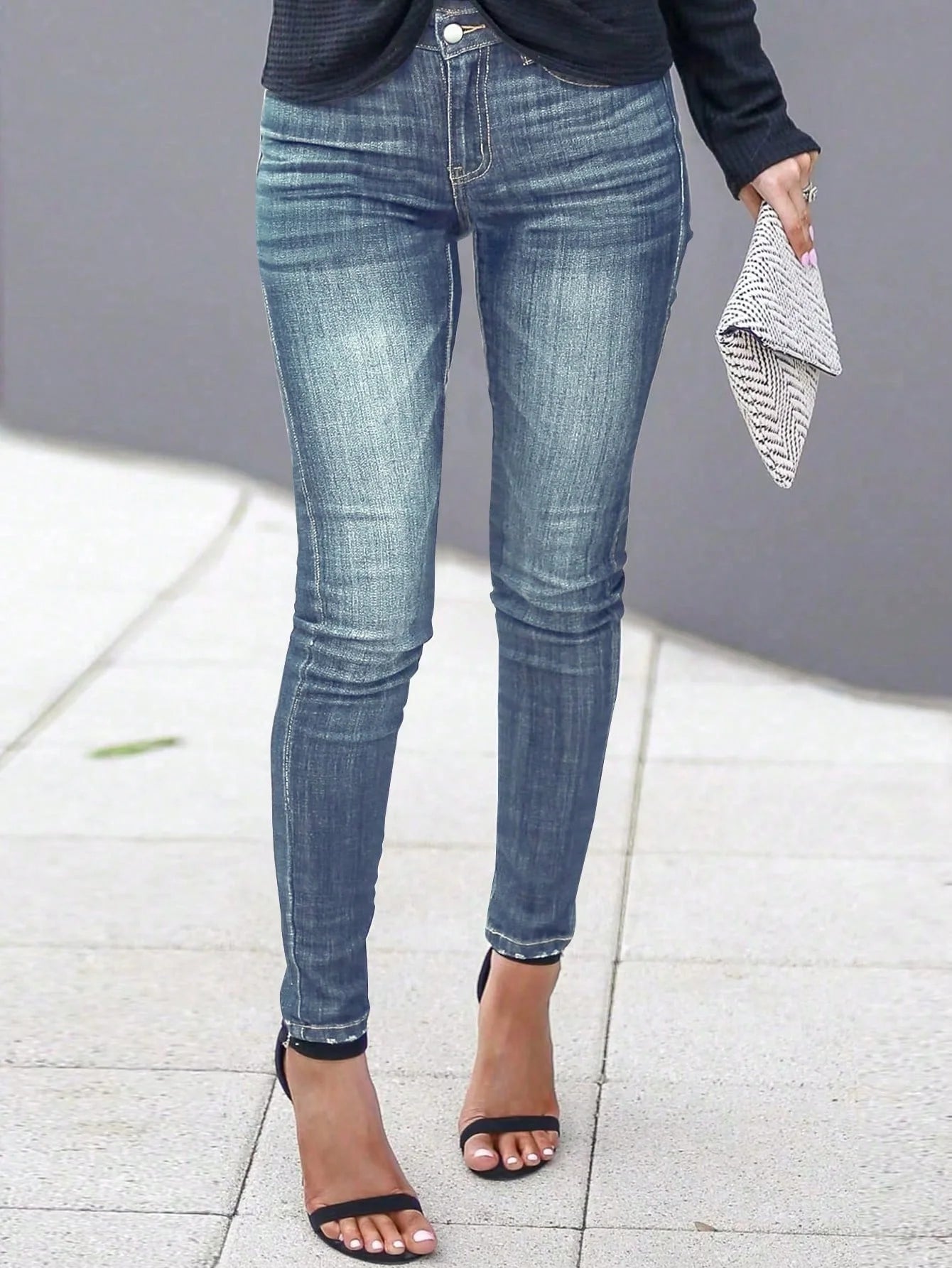 Women's Fashionable Elegant Casual Versatile Washed Cat's Whisker Pattern Skinny Fit Denim Jeans for Daily Wear