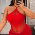 Women Rhinestone Sexy Dress Mesh Hollow Out Fitted Mini Dress Plus Size Sleeveless Skirt Club Party Summer Beach Wear Dress